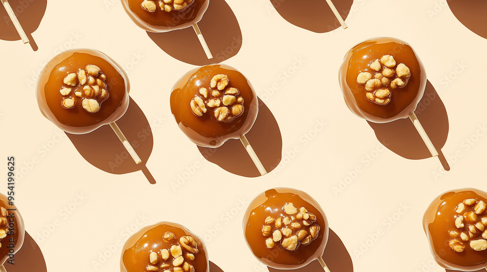 hand-dipped caramel apples with nuts, each with a shadow, arranged on a light beige background hand-dipped caramel apples with nuts, each with a shadow, arranged on a light beige background