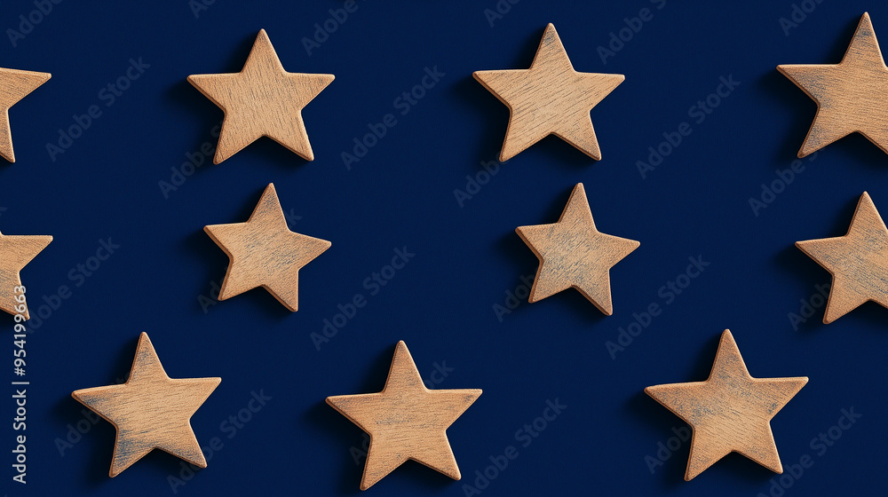handcrafted wooden stars, each with a shadow, placed randomly on a deep navy blue background handcrafted wooden stars, each with a shadow, placed randomly on a deep navy blue background
