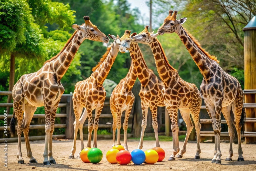 Photo Of A Group Of Giraffes Playing With Rubber Balls And Other Toys Designed For Their Hooves And Necks. Photo Of A Group Of Giraffes Playing With Rubber Balls And Other Toys Designed For Their Hooves And Necks.