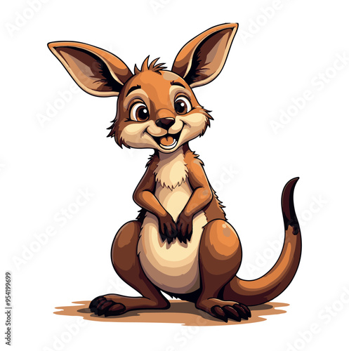 A cute cartoon kangaroo with big brown eyes and a wide, toothy grin, standing on all fours with its paws tucked in front of its chest, looking up with a curious and playful expression