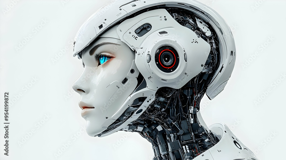 Close-up profile of a white female android with a blue eye and mechanical head. Close-up profile of a white female android with a blue eye and mechanical head.