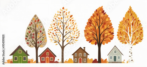 Colorful folk art illustration of stylized autumn trees and small houses, stylized seasonal design