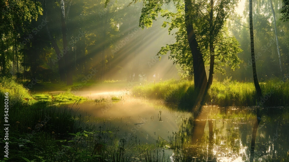 Fototapeta premium Sun Rays Breaking Through Misty Forest