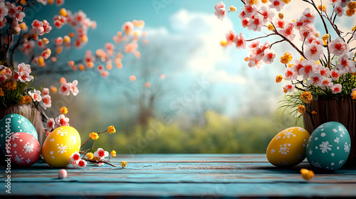 Colorful Easter eggs on a w...