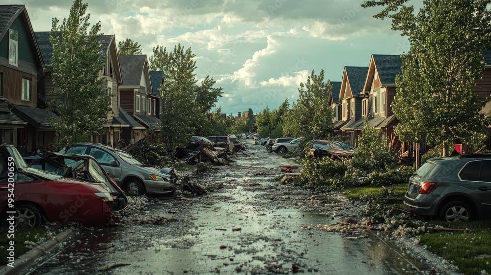 Aftermath of a hailstorm on a suburban street, close-up of rooftops showing significant damage, dented cars parked on the sides, and fallen branches Aftermath of a hailstorm on a suburban street, close-up of rooftops showing significant damage, dented cars parked on the sides, and fallen branches