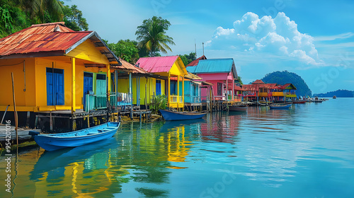 Colorful houses on stilts along a tropical waterway. photo