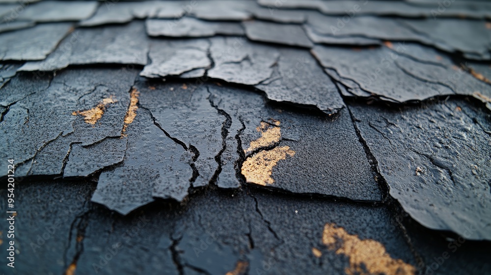 Close-up macro of a shingle showing deep, jagged cracks from repeated hail impacts, with sharp shadows and strong contrast. Close-up macro of a shingle showing deep, jagged cracks from repeated hail impacts, with sharp shadows and strong contrast.