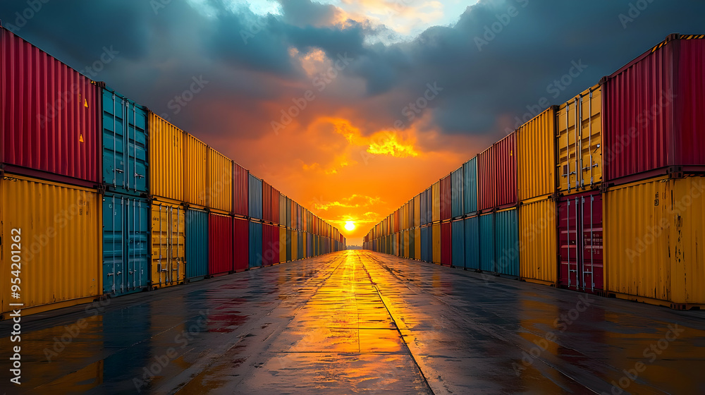 Fototapeta premium Colorful shipping containers stand in rows leading towards the sunset.