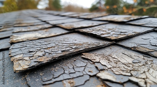 Close-up of a weathered shingle roof, highlighting deep cracks along the edge, with subtle hail damage visible on the surface in the background, realistic texture