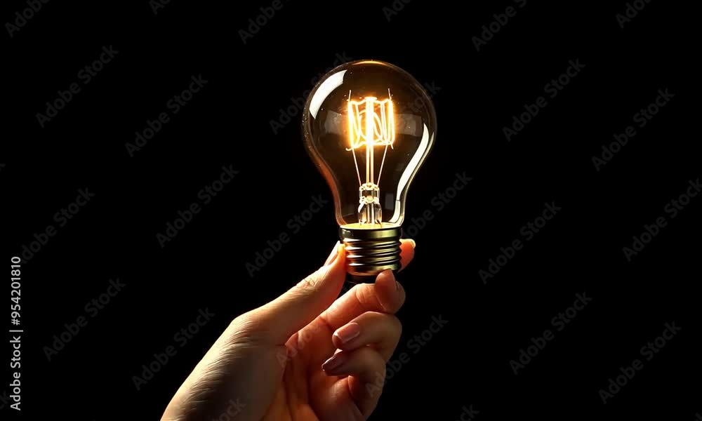 Hand holding a glowing light bulb on a black background. Hand holding a glowing light bulb on a black background.