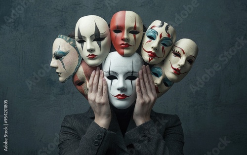 Masked identities: navigates emotional masks, expressions, how face aligns with their psychological state, contemplating impact pretending versus authenticity in personal roles, social interactions. photo