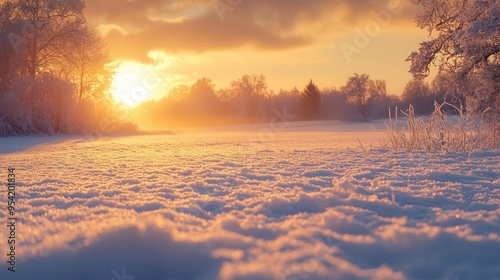 Snow-covered fields at sunset, with the sun casting a warm glow on the frosty landscape, creating a serene winter scene, Serene, Warm Tones, Wide Shot