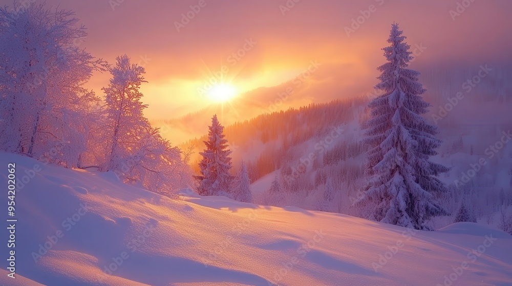 Snow-covered hills at dusk, with the sun casting a warm glow on the frosty landscape, creating a serene winter scene, Serene, Warm Tones, Wide Shot Snow-covered hills at dusk, with the sun casting a warm glow on the frosty landscape, creating a serene winter scene, Serene, Warm Tones, Wide Shot