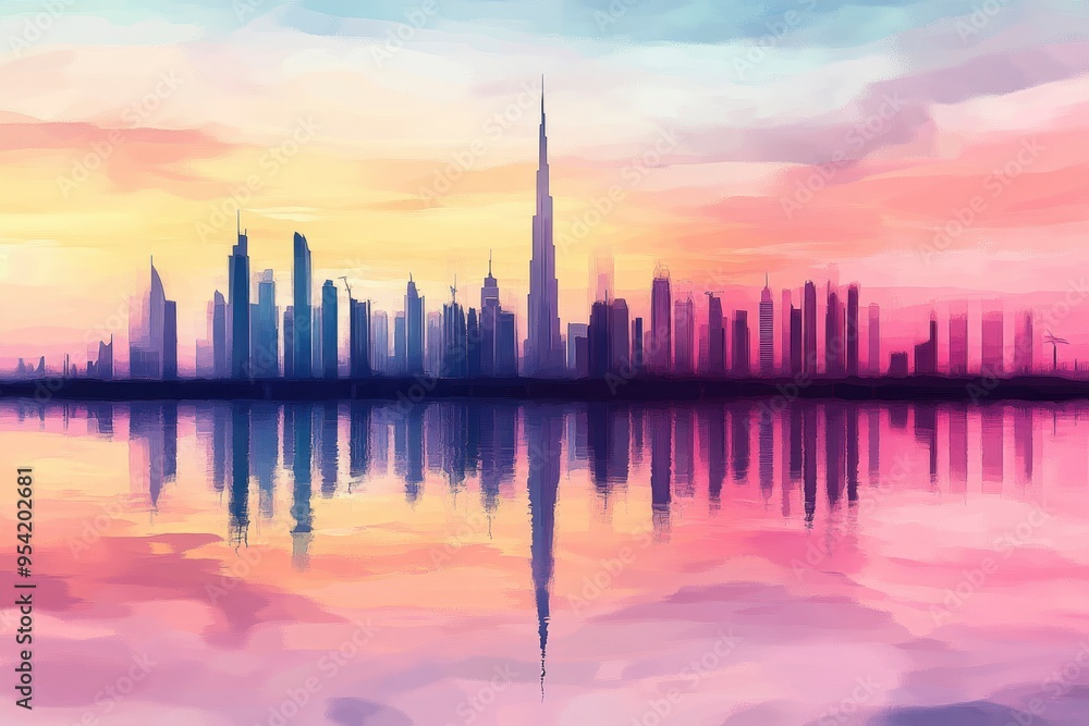 Fototapeta premium Panoramic Dubai skyline with Reflection in Pastel Sunset colors , ai