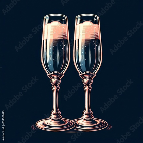 Crystal flutes filled with bubbly champagne, perfect for a festive new year celebration photo