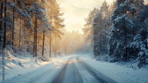 Snow-covered roads through the forest