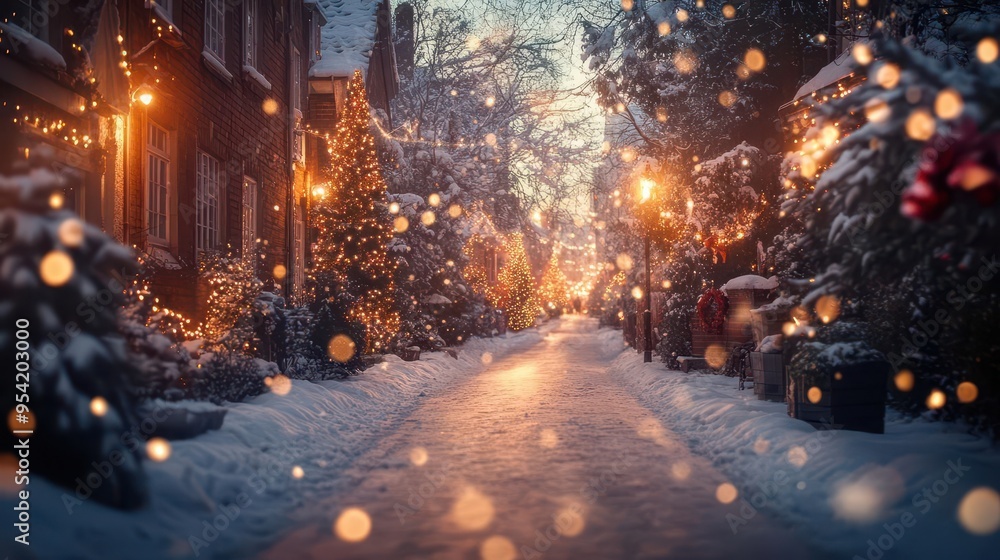 Snow-covered streets at dusk, with twinkling lights, holiday decorations, and snow-covered rooftops, creating a magical winter scene, Festive, Warm Glow, Wide Angle Snow-covered streets at dusk, with twinkling lights, holiday decorations, and snow-covered rooftops, creating a magical winter scene, Festive, Warm Glow, Wide Angle