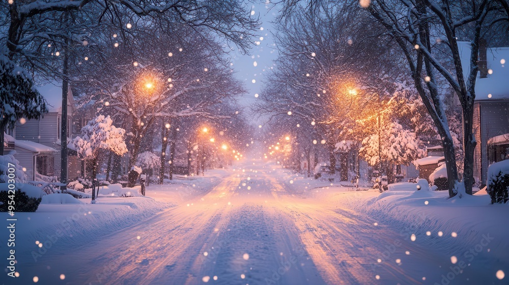 Snow-covered streets at twilight, with soft light illuminating the snow-covered landscape, creating a serene winter scene, Serene, Cool Tones, Wide Angle Snow-covered streets at twilight, with soft light illuminating the snow-covered landscape, creating a serene winter scene, Serene, Cool Tones, Wide Angle