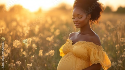 expectant mother in flowing yellow dress standing amidst tall grass golden hour lighting serene and maternal atmosphere photo