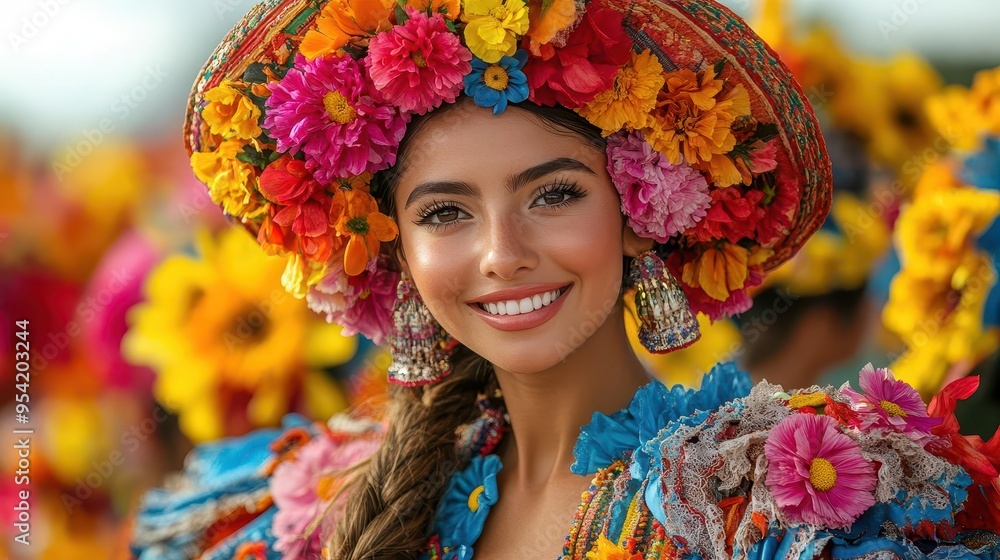 exuberant parade float adorned with vibrant colombian flowers dancers in traditional costumes twirl amidst cascading blooms capturing the joyous spirit of the feria de las flores exuberant parade float adorned with vibrant colombian flowers dancers in traditional costumes twirl amidst cascading blooms capturing the joyous spirit of the feria de las flores