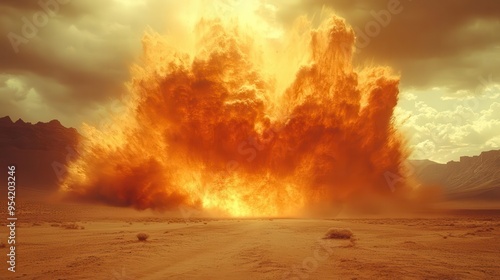 explosive desert scene billowing sand cloud intense orange and red hues raw power of nature unleashed photo