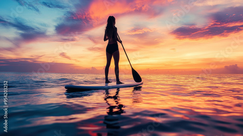 Fototapeta Naklejka Na Ścianę i Meble -  A female doing paddleboarding in sea water at sunset