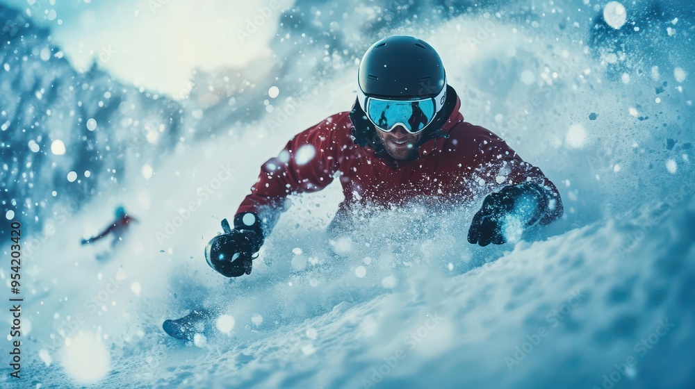 Winter fun on the slopes with skiers and snowboarders enjoying the snowy mountains, captured mid-action, Dynamic, Cool Tones, High Energy Winter fun on the slopes with skiers and snowboarders enjoying the snowy mountains, captured mid-action, Dynamic, Cool Tones, High Energy