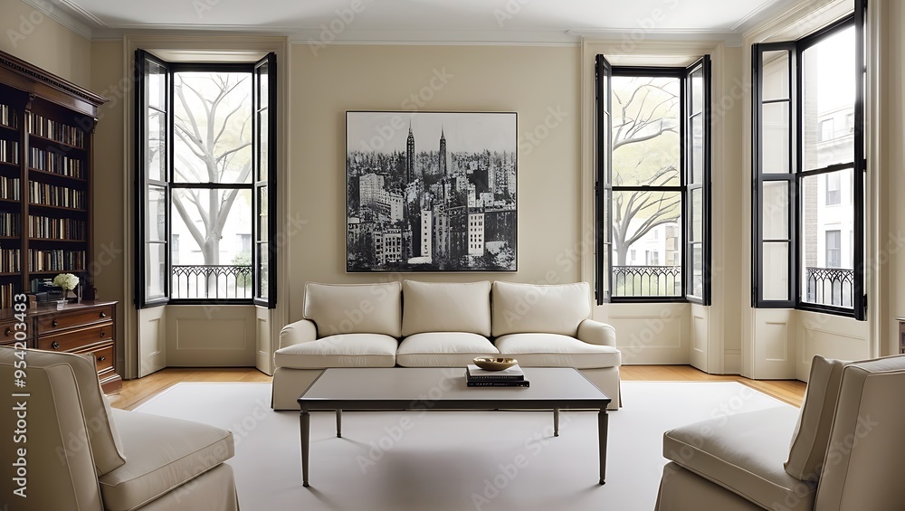 Fototapeta premium A chic and inviting living room featuring a cream-colored sofa placed at the heart of the space