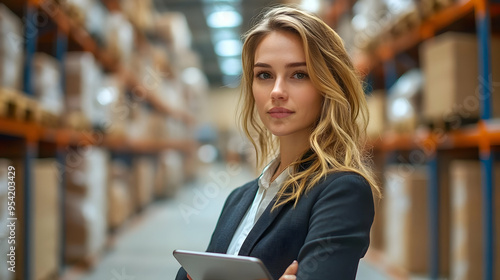 Confident businesswoman holding tablet in a warehouse.