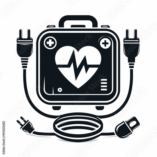 silhouette of a defibrillator with its paddles, focusing on the boxy device and cables