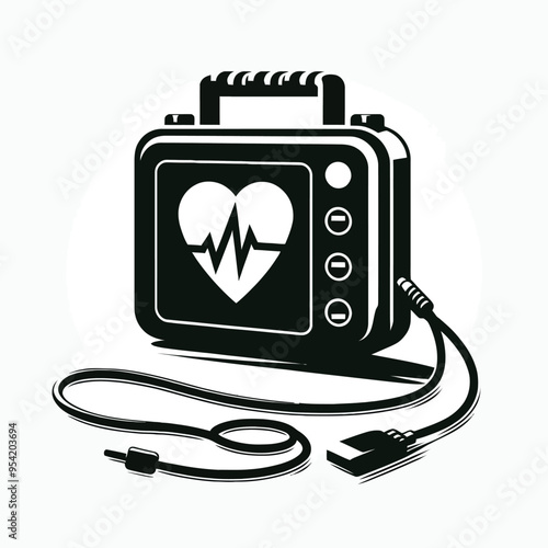 silhouette of a defibrillator with its paddles, focusing on the boxy device and cables