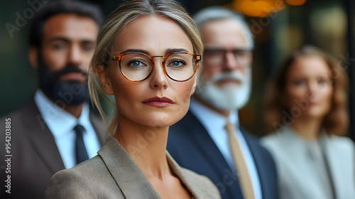 Confident businesswoman with glasses in front of blurred colleagues.