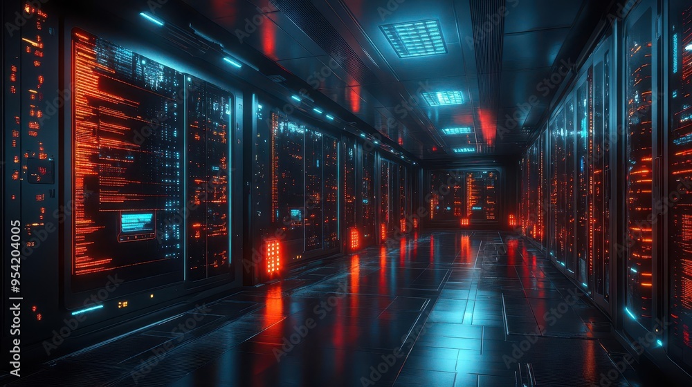 futuristic data center with holographic displays glowing server racks and aipowered robots organizing digital information streams in a sleek minimalist environment futuristic data center with holographic displays glowing server racks and aipowered robots organizing digital information streams in a sleek minimalist environment