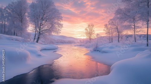 Wallpaper Mural Winter skies over frozen rivers, with soft light illuminating the frosty landscape, creating a serene winter atmosphere, Serene, Cool Tones, Wide Angle Torontodigital.ca