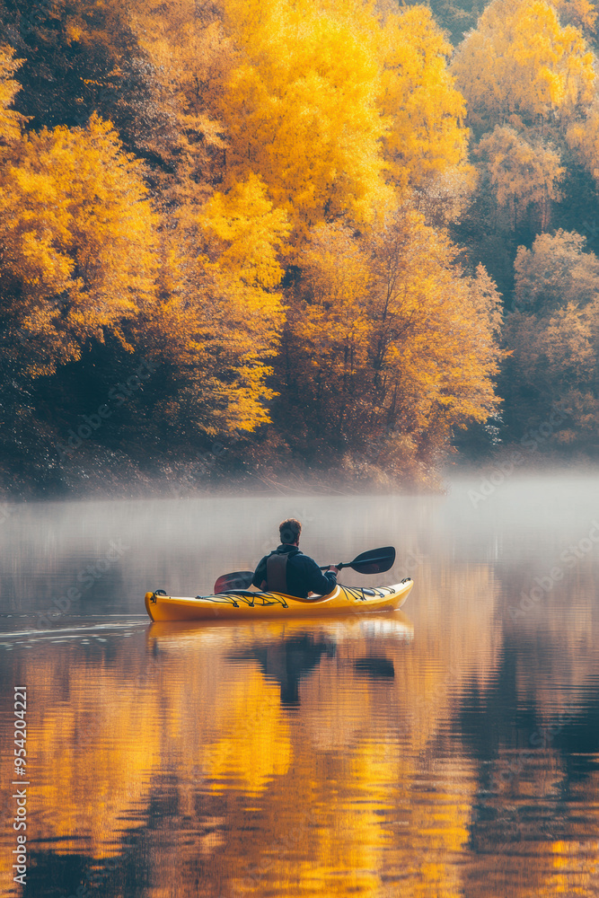 A person kayaking in water with colorful Autumn foliage woods A person kayaking in water with colorful Autumn foliage woods