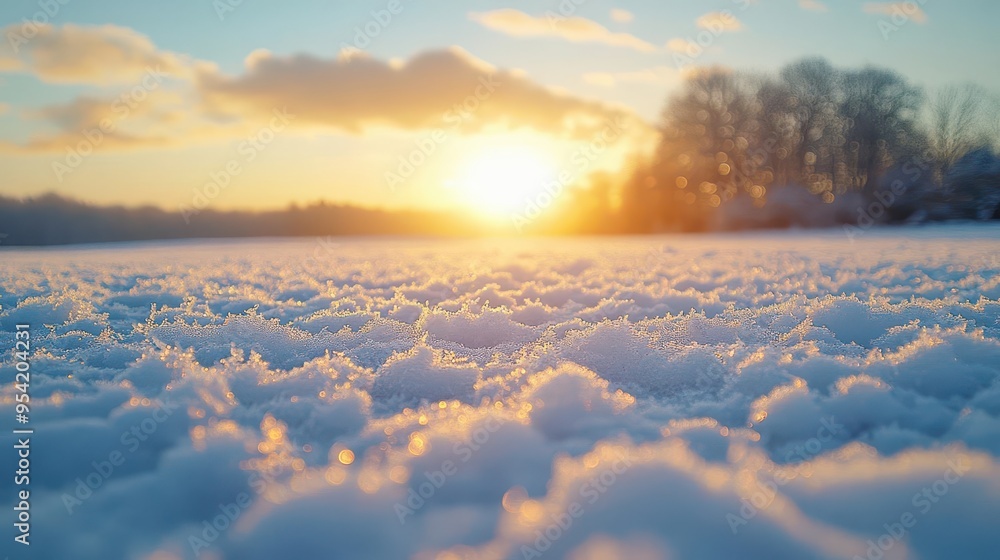 Wintery sun over the snowy fields, with frost glittering on the ground and soft light illuminating the scene, creating a serene winter atmosphere, Serene, Warm Tones, Wide Angle Wintery sun over the snowy fields, with frost glittering on the ground and soft light illuminating the scene, creating a serene winter atmosphere, Serene, Warm Tones, Wide Angle