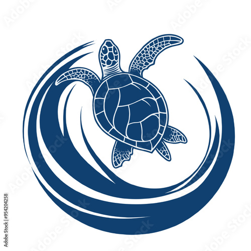 Stylized Sea Turtle Swimming in a Circular Wave Design, Marine Life Logo with Nautical Theme in Blue and White Illustration