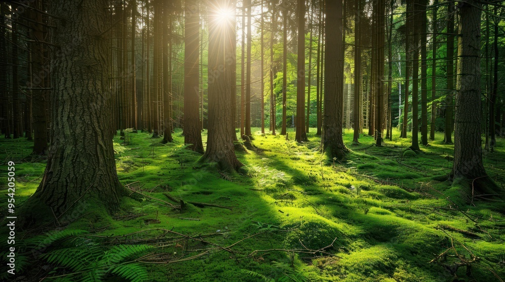 Naklejka premium Sunlight Filtering Through the Forest Canopy