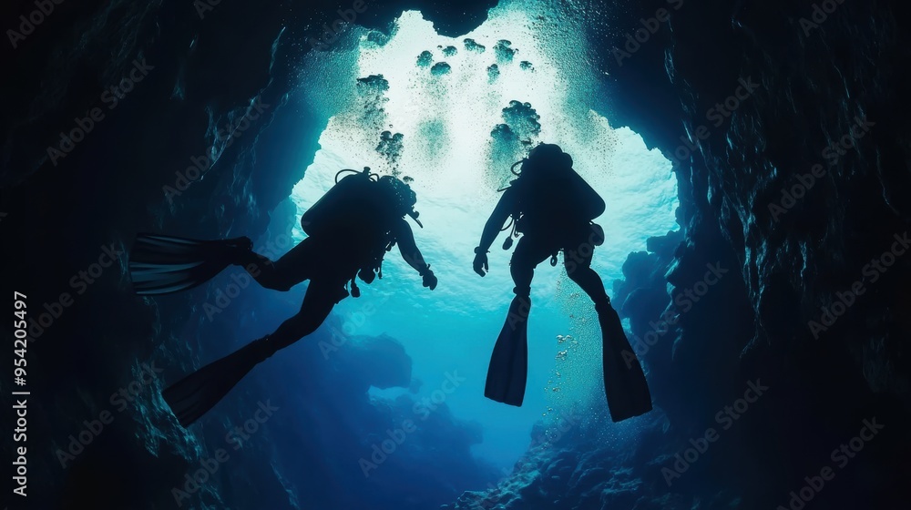 Obraz premium Diver exploring underwater rocky cave in deep sea.