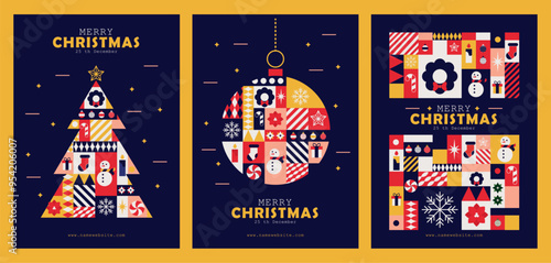 set de tres bannes navideños con elementos coloridos en rojo, amarillo y azules, sobre fondo azul oscuro, ilustraciones ideales para banners de publicidad en redes sociales