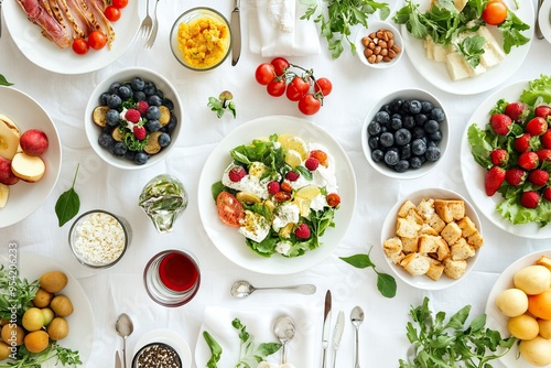 Many different healthy food on white table, flat lay , ai