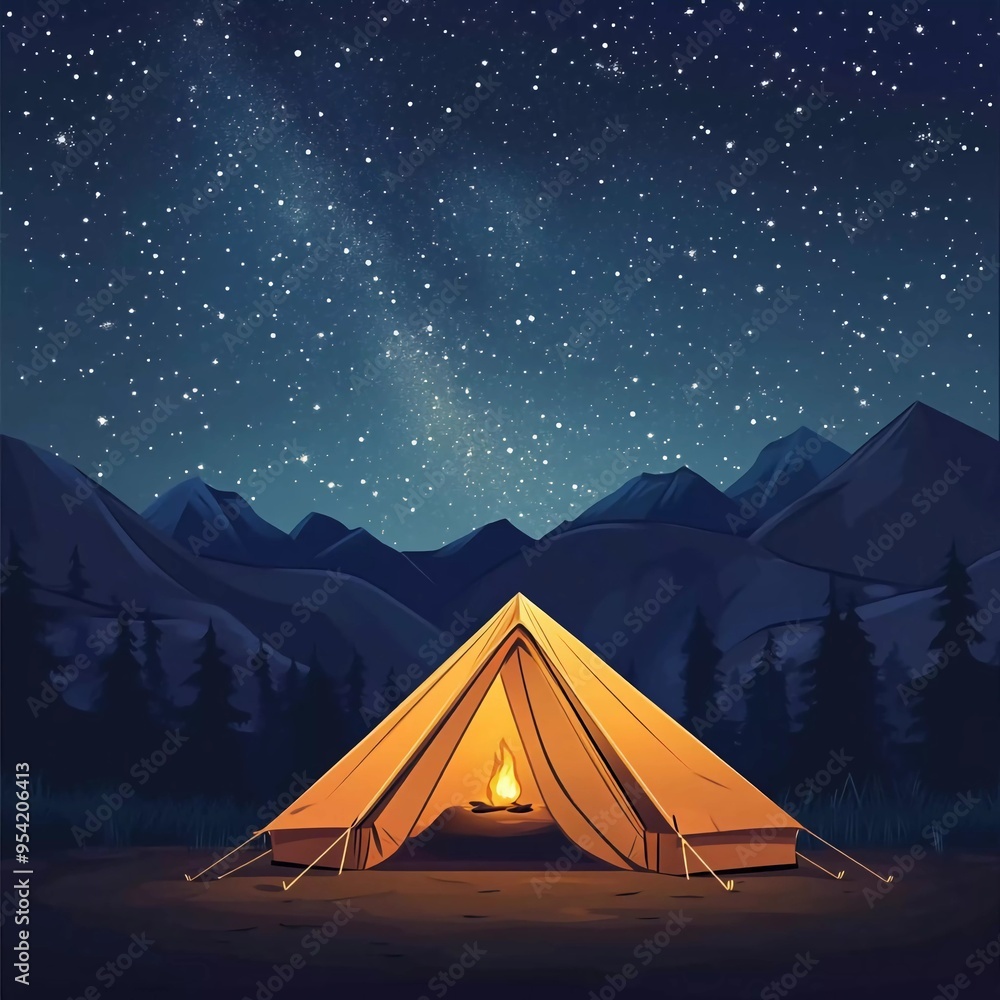 An orange tent with a burning light inside stands in a clearing under a starry sky. Beautiful starry night sky and the Milky Way. Concept for outdoor tourism in mountains. Nice cartoon vector
An orange tent with a burning light inside stands in a clearing under a starry sky. Beautiful starry night sky and the Milky Way. Concept for outdoor tourism in mountains. Nice cartoon vector