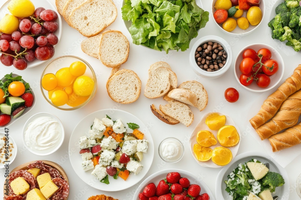 Many different healthy food on white table, flat lay , ai Many different healthy food on white table, flat lay , ai