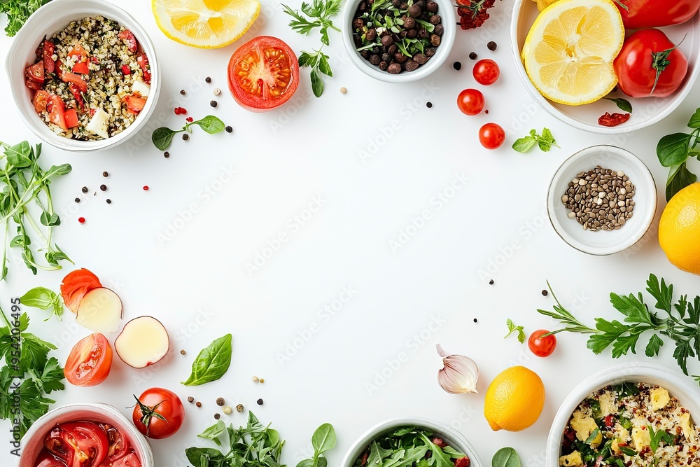 Many different healthy food on white table, flat lay , ai Many different healthy food on white table, flat lay , ai