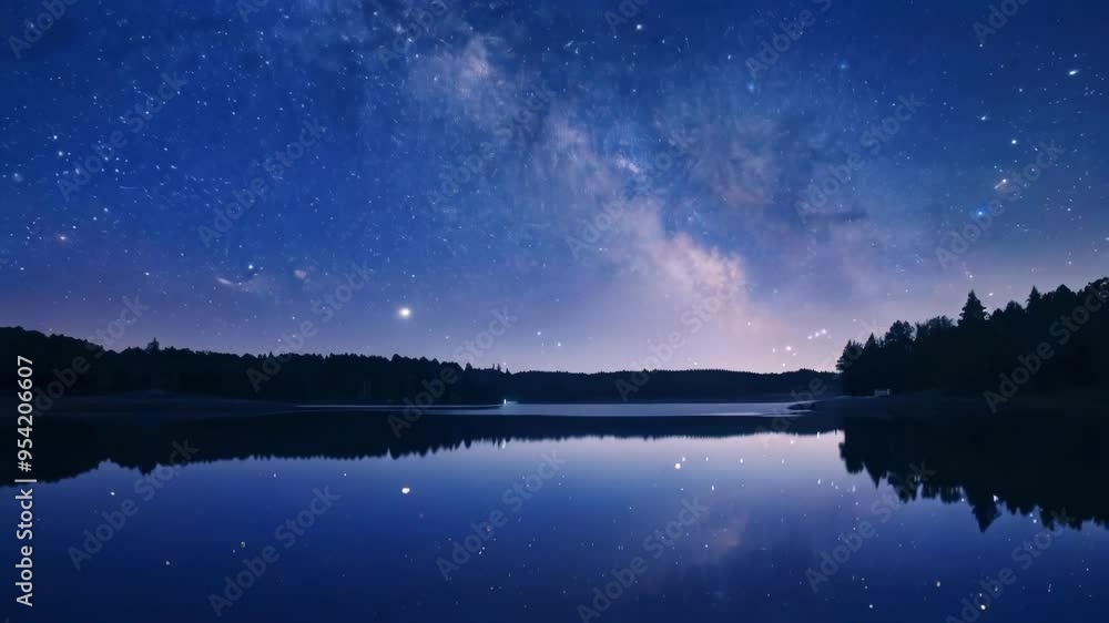 Milky Way Reflection in a Tranquil Lake. Stunning 4K Ultra HD Footage - Perfect for Professional Projects Milky Way Reflection in a Tranquil Lake. Stunning 4K Ultra HD Footage - Perfect for Professional Projects