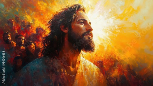 impressioniststyle painting of jesus radiant aura diverse crowd background modern interpretation of divinity photo