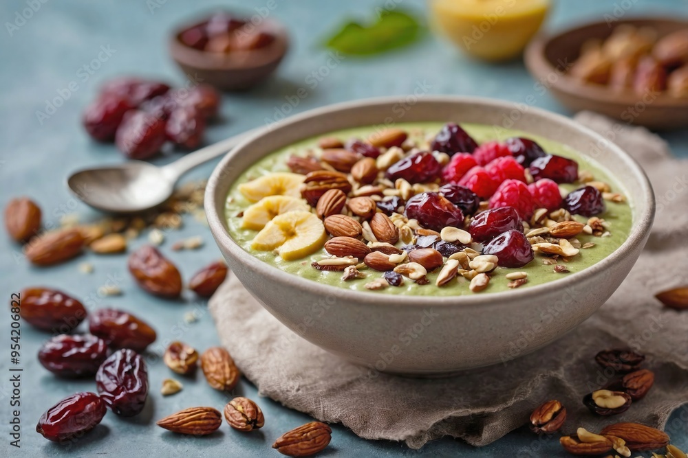 Date Smoothie: A smoothie bowl topped with chopped dates fruit and nuts Date Smoothie: A smoothie bowl topped with chopped dates fruit and nuts