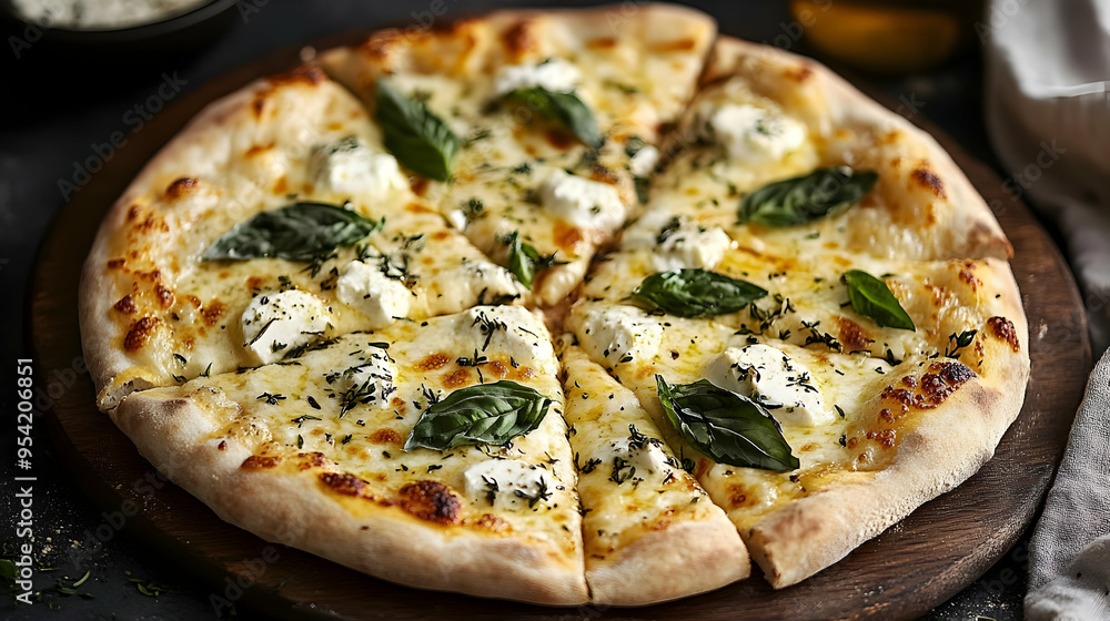 Delicious white pizza with fresh basil and cheese on wooden board. Delicious white pizza with fresh basil and cheese on wooden board.