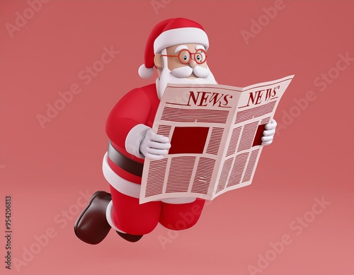 3D Santa Claus is flying through the air while reading the news, 3D Illustration photo