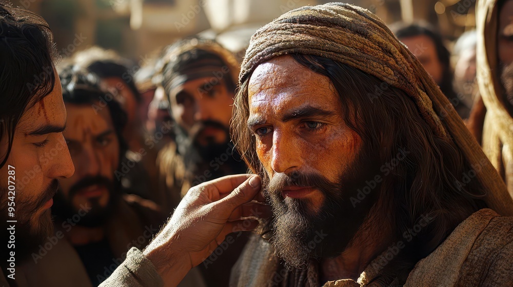 jesus gently touching the eyes of a blind man surrounded by a crowd in ancient middle eastern setting soft divine light emphasizes the moment of healing and faith jesus gently touching the eyes of a blind man surrounded by a crowd in ancient middle eastern setting soft divine light emphasizes the moment of healing and faith